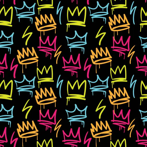 Vector illustration of Colorful graffiti crowns and thunder bolts seamless pattern