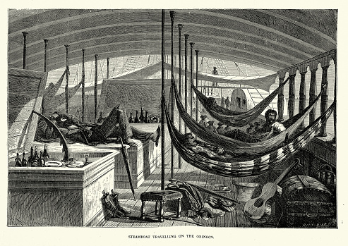 Vintage illustration Passengers sleeping in hammocks, on a steamboat travelling on the Orinoco river, History 19th Century. from Journey up the Orinoco to the Caratal Gold field, C. Le Neve Foster