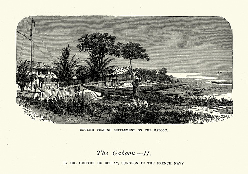 Vintage illustration View of the English trading settlement on the Gaboon, Victorian 19th Century.  Dr Griffon Du Bellay
