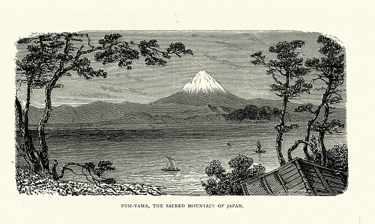 Vintage illustration Mount Fuji, Japan, an active stratovolcano located on the Japanese island of Honshū, 19th Century