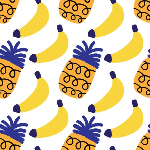 Vector illustration of Hand drawn banana and pineapple seamless pattern