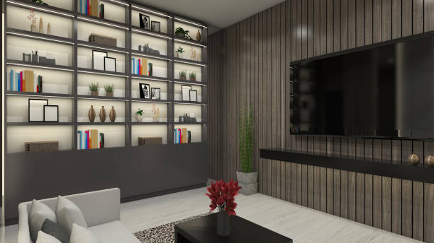 istock Interior Library Design with Display Rack and TV Cabinet 1945019166