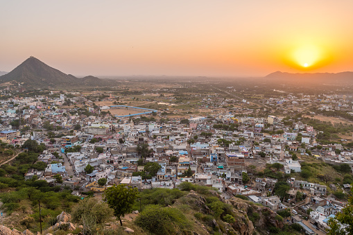 panoramic view of pushkar from a mountain, india