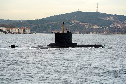 A Turkish Navy Submarine sailing past Istanbul Harbor and moving to marmara sea and black sea