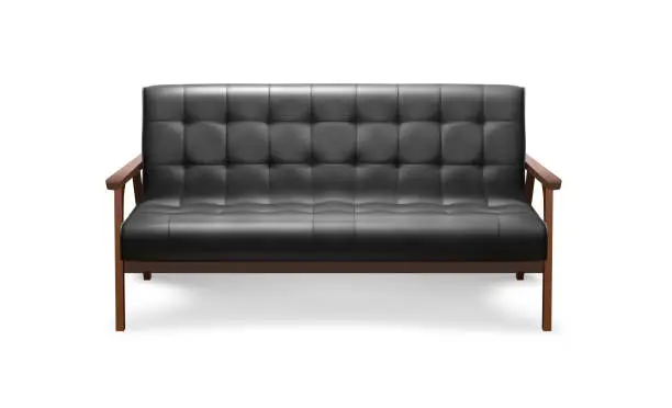 Vector illustration of 3d realistic vector icon illustration. Black leather sofa. isolated on white bakground.