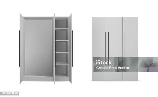 3d Realistic Vector Icon Set White Dress Cupboard With Two Doors Opened And Shelves And Closed Isolated On White Background Stock Illustration - Download Image Now