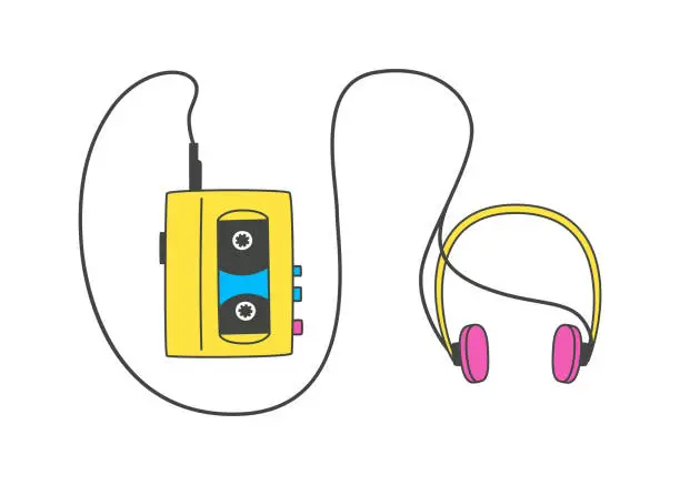 Vector illustration of Cassette player with headphones, vector illustration in doodle style.