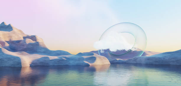 istock 3d Render, Abstract Surreal pastel landscape background with architecture and geometric, beautiful gradient sky scene, lake with clam water, minimal concept. 1945049177