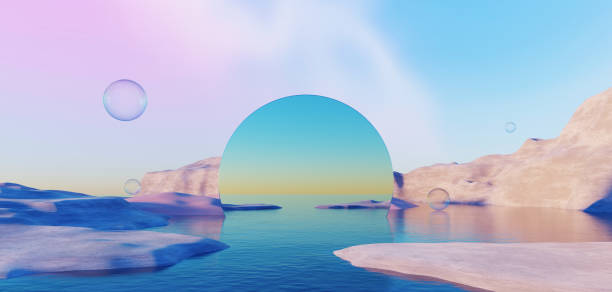 istock 3d Render, Abstract Surreal pastel landscape background with architecture and geometric, beautiful gradient sky scene, lake with clam water, minimal concept. 1945049305