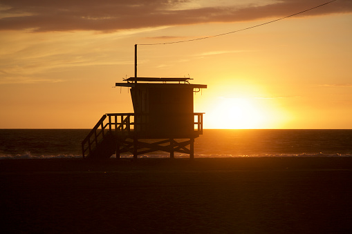 Los Angeles, USA - October 20, 2015: Lifeguard hut at sunset, Venice Beach, Los Angeles, USA.