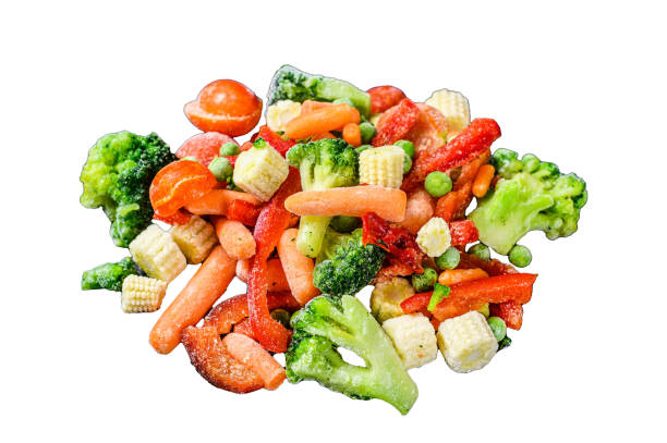 istock Frozen cold sliced Vegetables, broccoli, sweet peppers, tomatoes, carrots, peas and corn. Isolated on white background, Top view. 1945056458