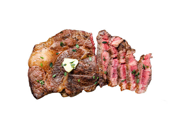 Cut Grilled Chuck eye roll beef meat steak  Isolated on white background, Top view