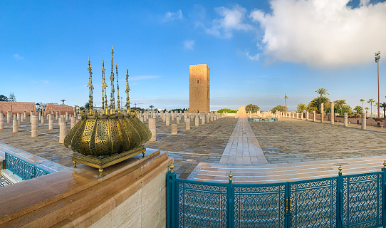 Panoramic view of square and Mausoleum of King Mohammed V located on opposite side Hassan Tower in Rabat. Morocco