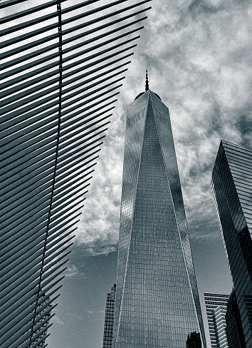 One World Trade Center in black and white.