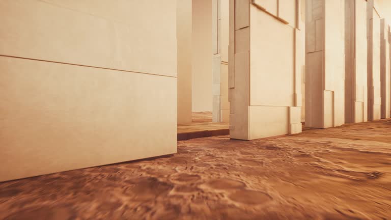 Geometric shape column with gray concrete floor on moon ground.