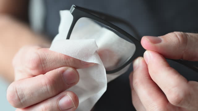 Man cleaning and wiping eyeglasses, close up of hands