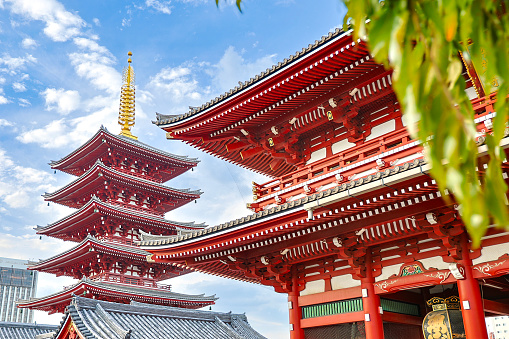 Tokyo, Japan - October 13, 2023: The five story Pagoda and Kaminarimon Gate located at Sensoji Temple, Asakusa, Tokyo, Japan.