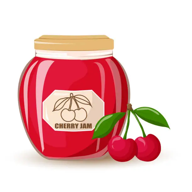 Vector illustration of CHerry jam in glass jar and fresh cheries.Natural product. Healthy eating and diet. Design of greeting cards, posters, patches, prints on clothes, emblems.Vector cartoon illustration