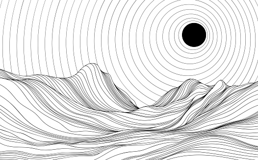 Abstract background with wavy lines and circles. Black and white illustration of mountains. Landscape with sun rays.