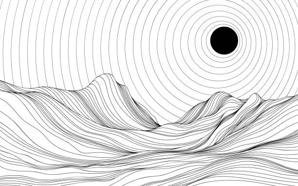 Vector illustration of Abstract background with wavy lines and circles. Black and white illustration of mountains. Landscape with sun rays.