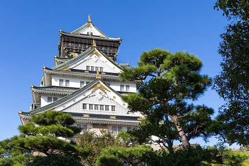 Osaka, Japan - October 11, 2023: The Osaka Castle keep, located in Osaka Castle Park in Chuo-ku, Osaka City, Osaka. It was completed in 1931 as the third Osaka Castle Keep, a steel-framed reinforced concrete structure.