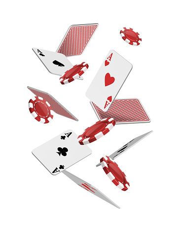 realistic vector icon illustration. Falling poker cards aces with red chips. Isolated on white background.