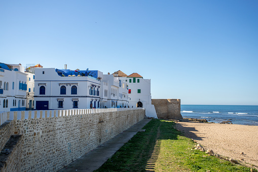 Vejer de la Frontera, Spain - April 9, 2023: City streets and white home on a sunny day, Andalusia