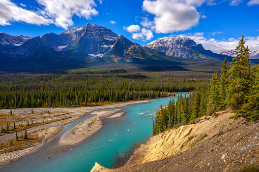 Scenic view of a river along Icefields Parkway in Banff National Park, Canada.