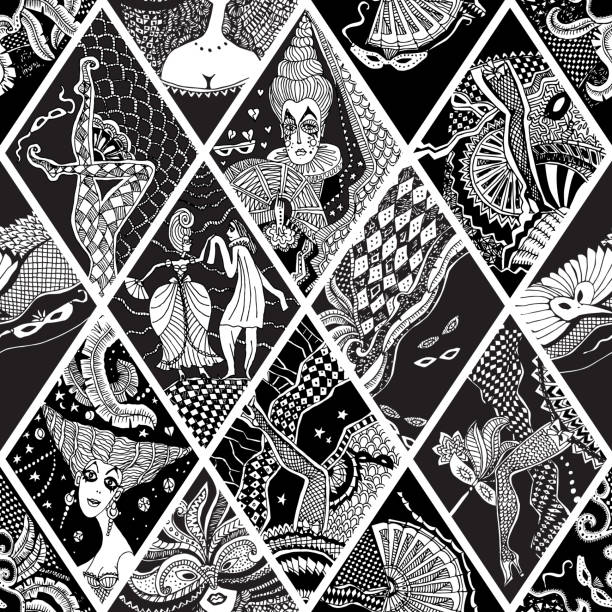 Vector Carnival Party seamless pattern. Harlequin black and white rhombus, Mardi Gras and Masquerade holiday Vector Carnival Party seamless pattern. Harlequin black and white rhombus, Mardi Gras and Masquerade holiday drawing of a women wearing garter belts stock illustrations