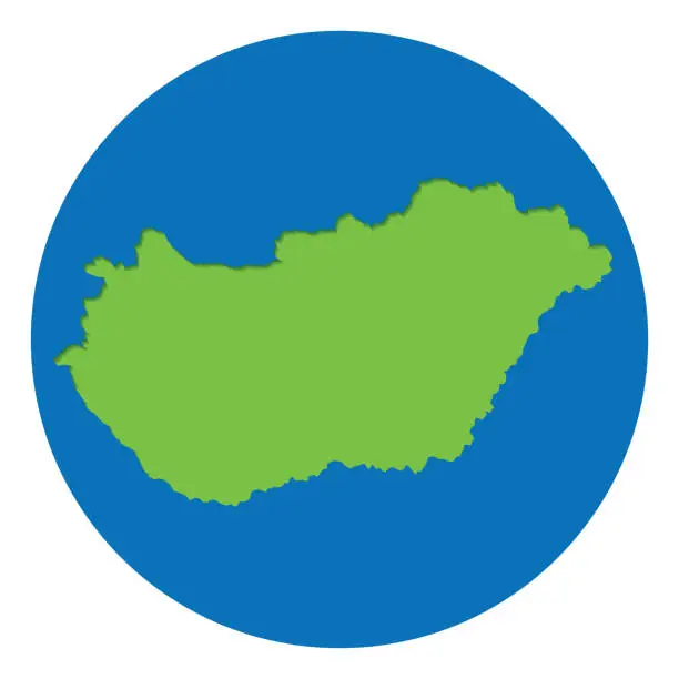 Vector illustration of Hungary map. Map of Hungary in green color in globe design with blue circle color.