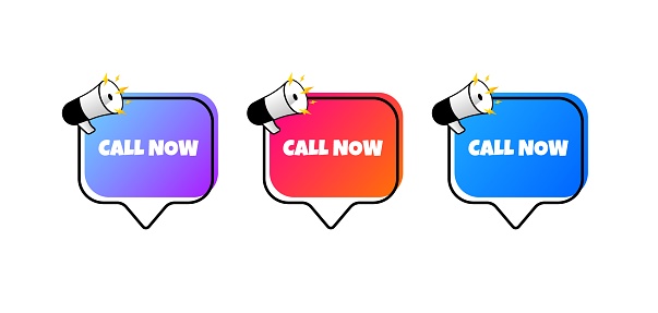 Call now bubbles. Flat, color, speech bubbles, call now signs. Vector icons