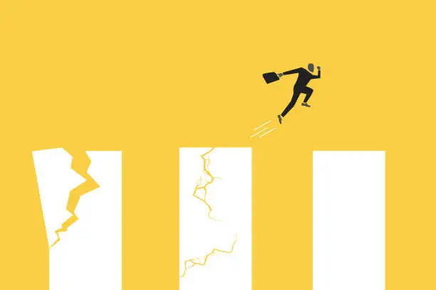 Vector illustration of Businessman jump careful on cracked or broken graph. Job opportunity and career. concept of under pressure. risk, financial, and tax