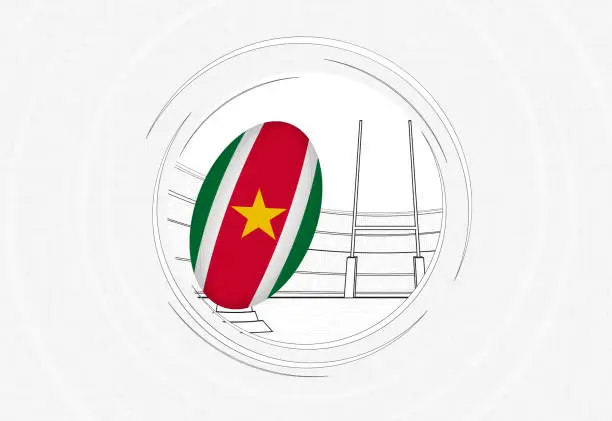 Vector illustration of Suriname flag on rugby ball, lined circle rugby icon with ball in a crowded stadium.