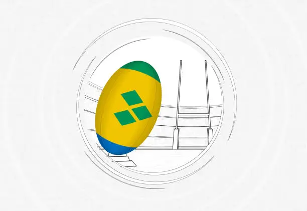 Vector illustration of Saint Vincent and the Grenadines flag on rugby ball, lined circle rugby icon with ball in a crowded stadium.