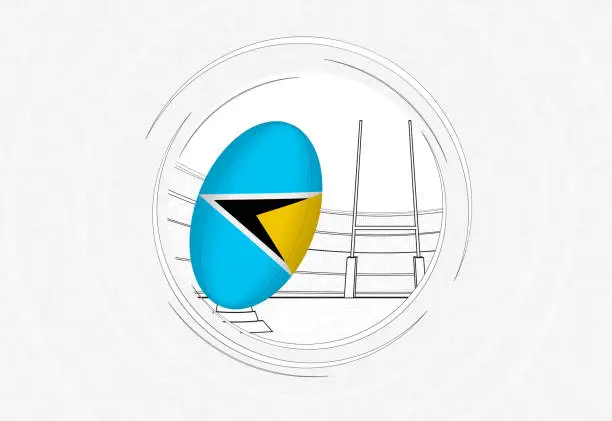 Vector illustration of Saint Lucia flag on rugby ball, lined circle rugby icon with ball in a crowded stadium.