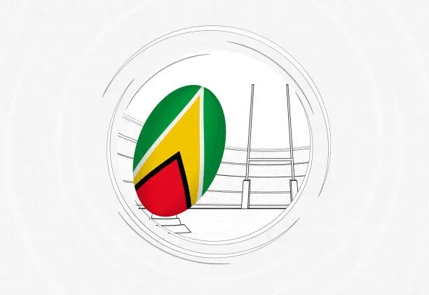 Vector illustration of Guyana flag on rugby ball, lined circle rugby icon with ball in a crowded stadium.