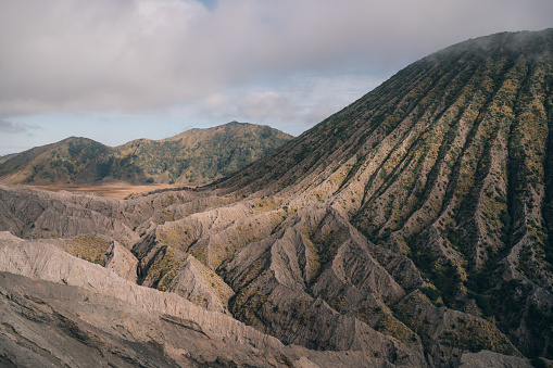 Bromo Tengger National Park in Indonesia. Semeru mountain and volcanic landscape view in fog