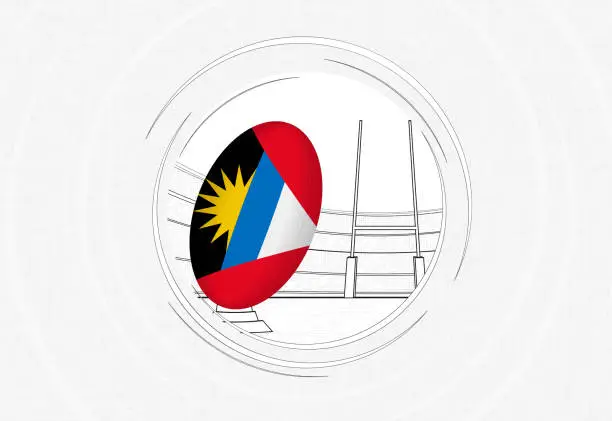 Vector illustration of Antigua and Barbuda flag on rugby ball, lined circle rugby icon with ball in a crowded stadium.