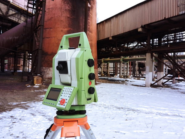 Surveyor’s total station equipment up close