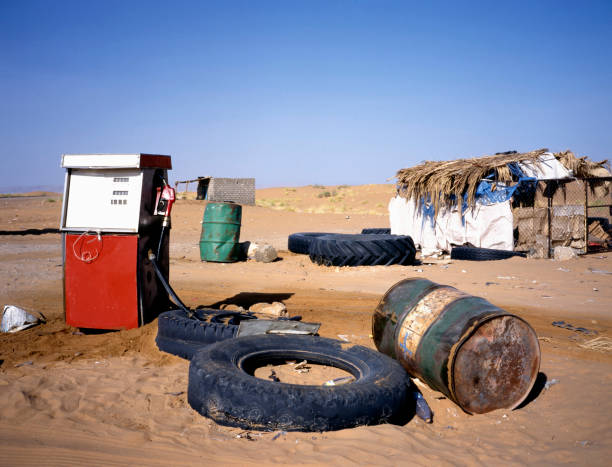 An abandoned old gas station at the border of the Arab desert in Yemen