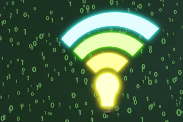Photo of Glowing light bulb and Wi-Fi logo combination together with green binary numbers as background. Illustration of the concept of light-fidelity (Li-Fi)