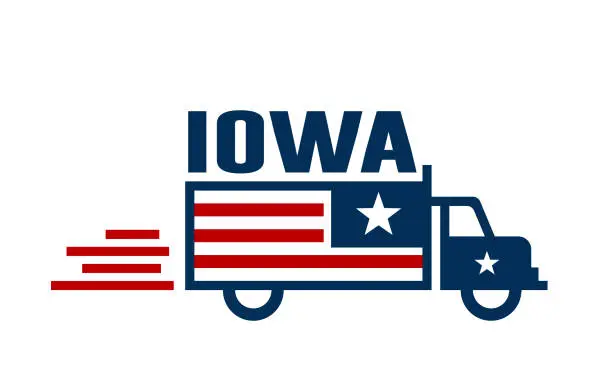 Vector illustration of Iowa Patriotic Delivery Service Logo - A Delivery Truck Graphic with the Word IOWA Overlaid on the American Flag Motif, Symbolizing Fast