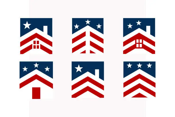 Vector illustration of A Patriotic Real Estate Logos Series - A Collection of House Silhouettes with American Flag Elements, Symbolizing National Pride in Homeownership