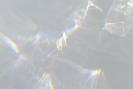 Blurred Prism Light Overlay Flare Background. Dreamy surreal rainbow crystal light refraction texture overlay. Organic drop holographic flare on a white wall. Water shadows for natural light effects