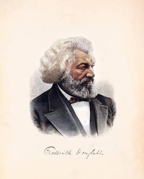 Portrait of Frederick Douglass Vintage portrait features Frederick Douglass, a prominent African-American abolitionist and social reformer who escaped from slavery in Maryland in the 1830s. He became a powerful orator, writer, statesman, and the preeminent leader of the 19th-century movement for African-American civil rights. civil rights leader stock illustrations