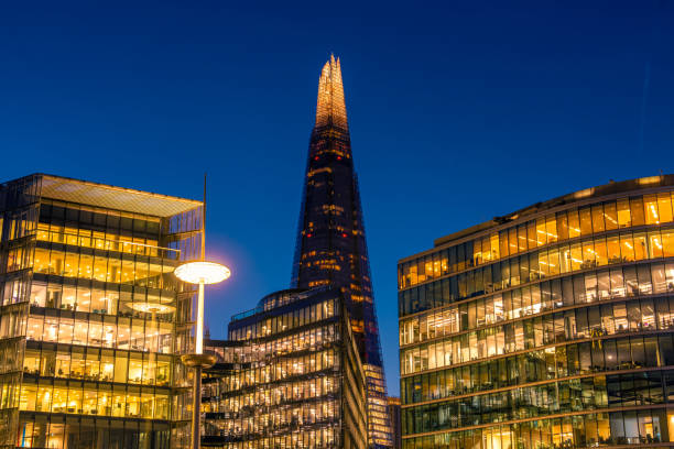 istock Illuminated office buildings in London at Night 1945300790