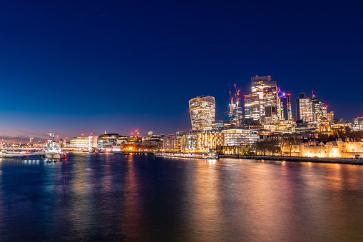 London financial district skyscrapers overlooking River Thames