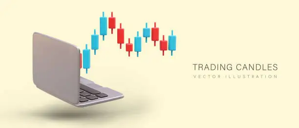 Vector illustration of Realistic laptop, colored trading candles. Price level tracking. Sale and purchase of shares online