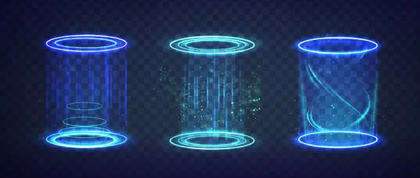 Vector illustration of Futuristic sci-fi background. Abstract blue portal, teleport technology. Blue circle portal with light flares and sparkles.