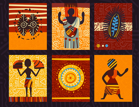 Set of eye-catching card, banner, background, flyer, placard with ethnic ornaments. Collection of cards, gift tags, labels or posters templates with african tribal motifs. Vector illustration EPS8
